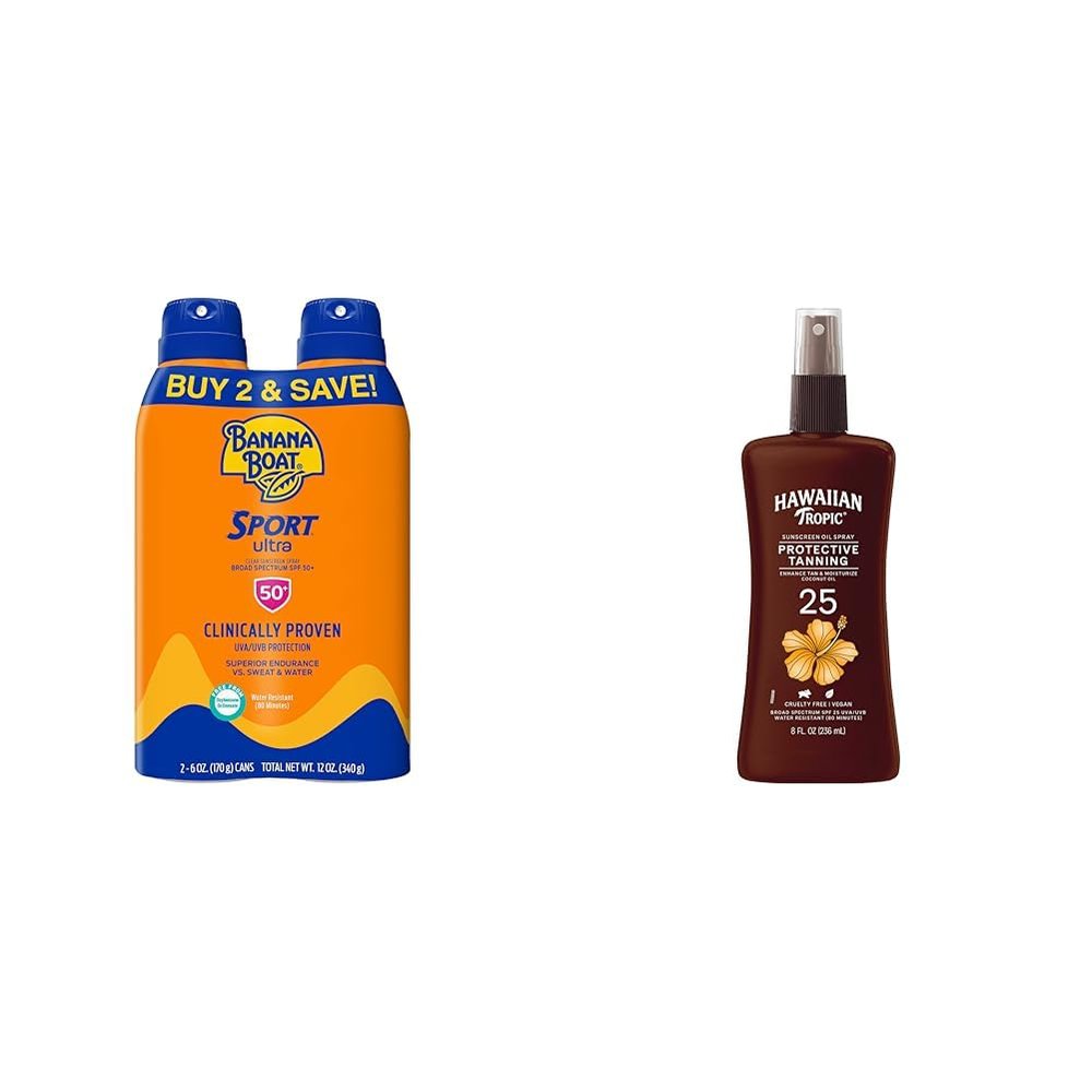 Banana Boat Sport Ultra SPF 50 Sunscreen Spray Twin Pack and Hawaiian Tropic SPF 25 Tanning Oil Spray Sunscreen