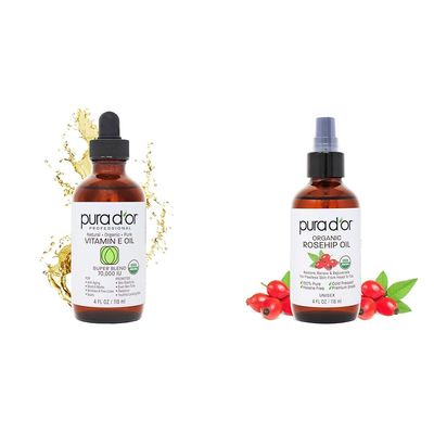PURA D'OR 4 Oz Vitamin E Oil Blend 70,000 IU & Rosehip Seed Oil Hair Relaxer 100% Pure Cold Pressed USDA Certified All Natural Moisturizer For Anti-Aging, Acne Scar Treatment, Gua Sha Massage