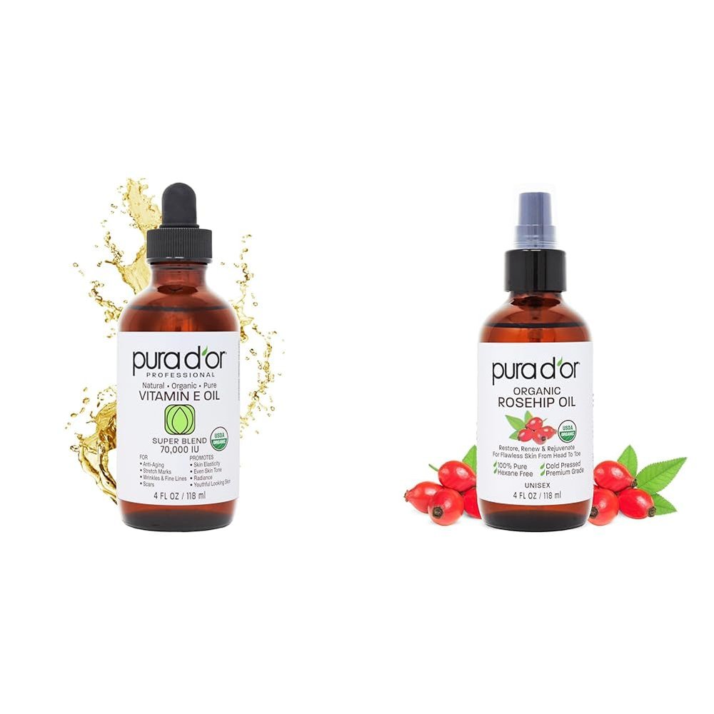 PURA D'OR 4 Oz Vitamin E Oil Blend 70,000 IU & Rosehip Seed Oil Hair Relaxer 100% Pure Cold Pressed USDA Certified All Natural Moisturizer For Anti-Aging, Acne Scar Treatment, Gua Sha Massage