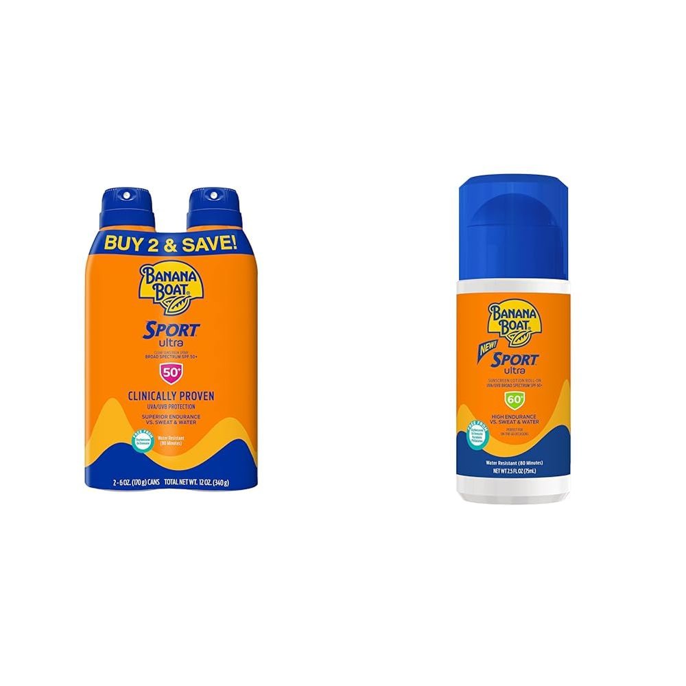 Banana Boat Sport Ultra SPF 50 Sunscreen Spray Twin Pack and SPF 60 Sunscreen Roll On | Oxybenzone Free Sunscreen Bundle with Water Resistant Sun Protection