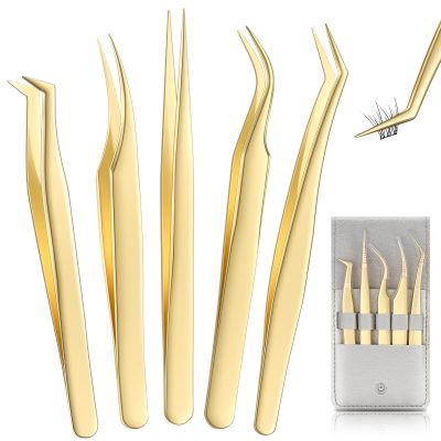 MORGLES Golden Lash Tweezers Set, 5 PCS Professional Eyelash Tweezers for Eyelash Extensions for Beginners & Lash Artists