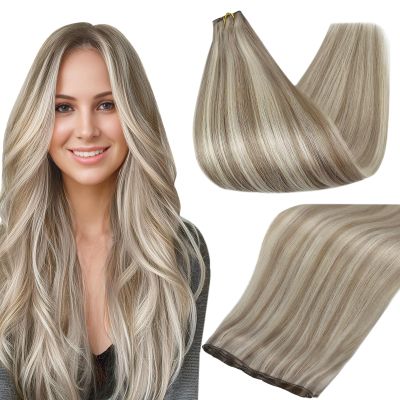 Full Shine Genius Weft Hair Extensions Human Hair, Color Ash Blonde Mix Bleach Blonde, Hand Tied Weft Human Hair Extensions, 18 Inch 80G, Remy Straight Sew In Extensions, for Women