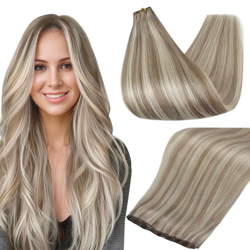 Full Shine Genius Weft Hair Extensions Human Hair, Color Ash Blonde Mix Bleach Blonde, Hand Tied Weft Human Hair Extensions, 18 Inch 80G, Remy Straight Sew In Extensions, for Women