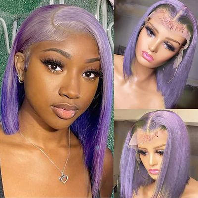 12 Inch Straight Bob Wig Human Hair 13x4 HD Frontal Lace Wig Pre Plucked 180% Density Light Purple Short Bob Wigs for Black Women Lilac Glueless Bob Lace Front Wigs Human Hair HD Transparent Lace Wig