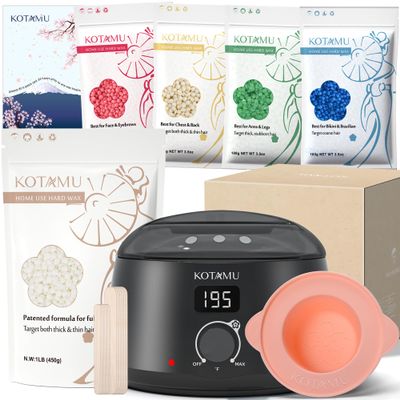 KOTAMU Black Digital Waxing Kit with Silicone Wax Warmer Replacement Pot, White Unscented Waxing Beads for Women& Men Thick Thin Hair Removal at Home, Including Face Eyebrows Armpit Legs Bikini