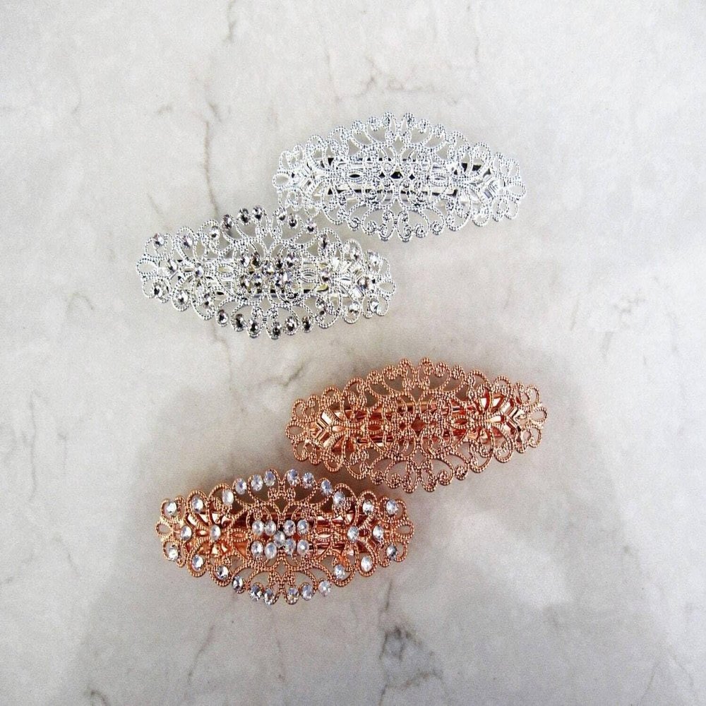 Antique silver or rose gold crystal hair clip clamp barrettes bridal (Crystal option: With crystals, Primary color: Rose gold/copper)