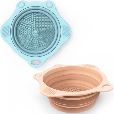 2PC Foldable Silicone Makeup Brush Cleaner Pad Bowls, YalsFTY Portable Mat Scrubber Cleaning Tool for Makeup Brushes (Khaki and Blue)