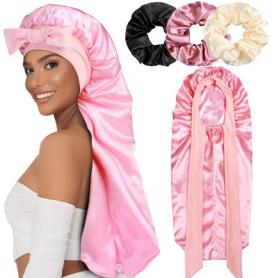 1+3 Long Satin Bonnets with Scrunchies for Women Sleeping, Double Layer Large Braid Bonnet with Tie Band, F
