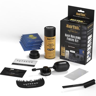 Supreme Trimmer Hair Building Fibers 8-in-1 Kit | 25G Keratin Fibers, Pump Nozzle, Hairline Cards, S&L Shaker, Brush, Wipes, Mirror | Conceal & Thicken Thinning Hair in Men & Women | Dark Brown