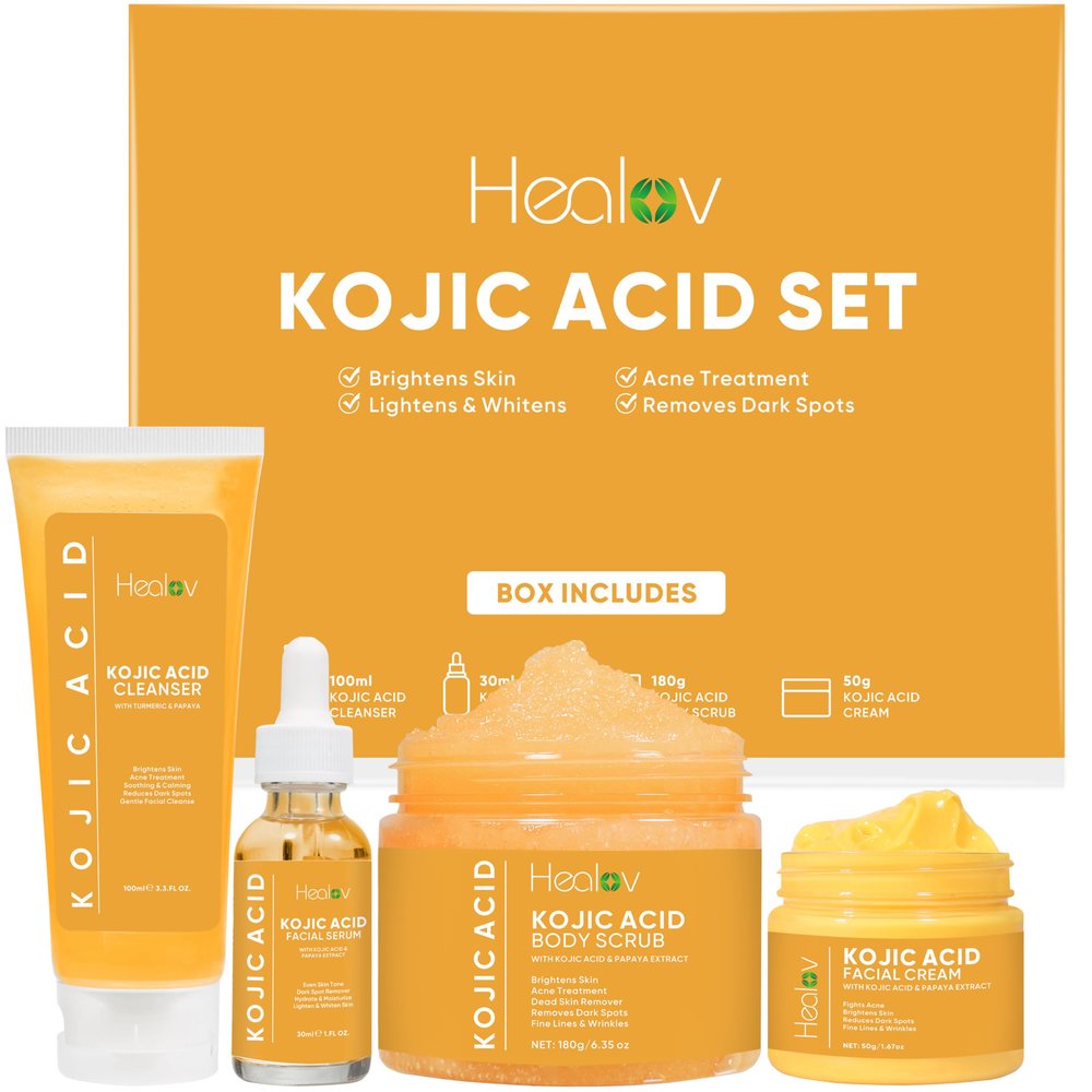 Kojic Acid Skincare Set Kojic Soap Cleanser, Exfoliating Body Scrub, Face Cream & Brightening Facial Serum Skin Brightening Hyperpigmentation Treatment, Dark Spot Corrector with Turmeric Papaya