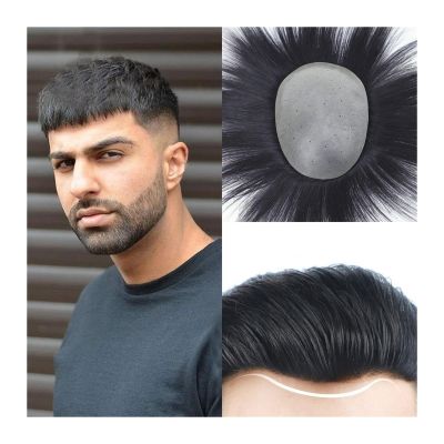 ULTRAWAVE Toupee Toupee for Men Thin Skin V-Looped PU Base Hair Pieces for Men Straight Human Hair Men's Toupee Natural Black Hair Mens Wigs (Color : 17x19cm)