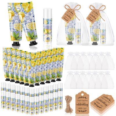 Dansib 24 Sets Lemon Hand Cream and Lip Balm Gift Lemon Bridal Baby Shower Party Supply Travel Size Hand Lotion and Lip Balm Bulk with Organza Bag and Tag Wedding Baby Shower Party