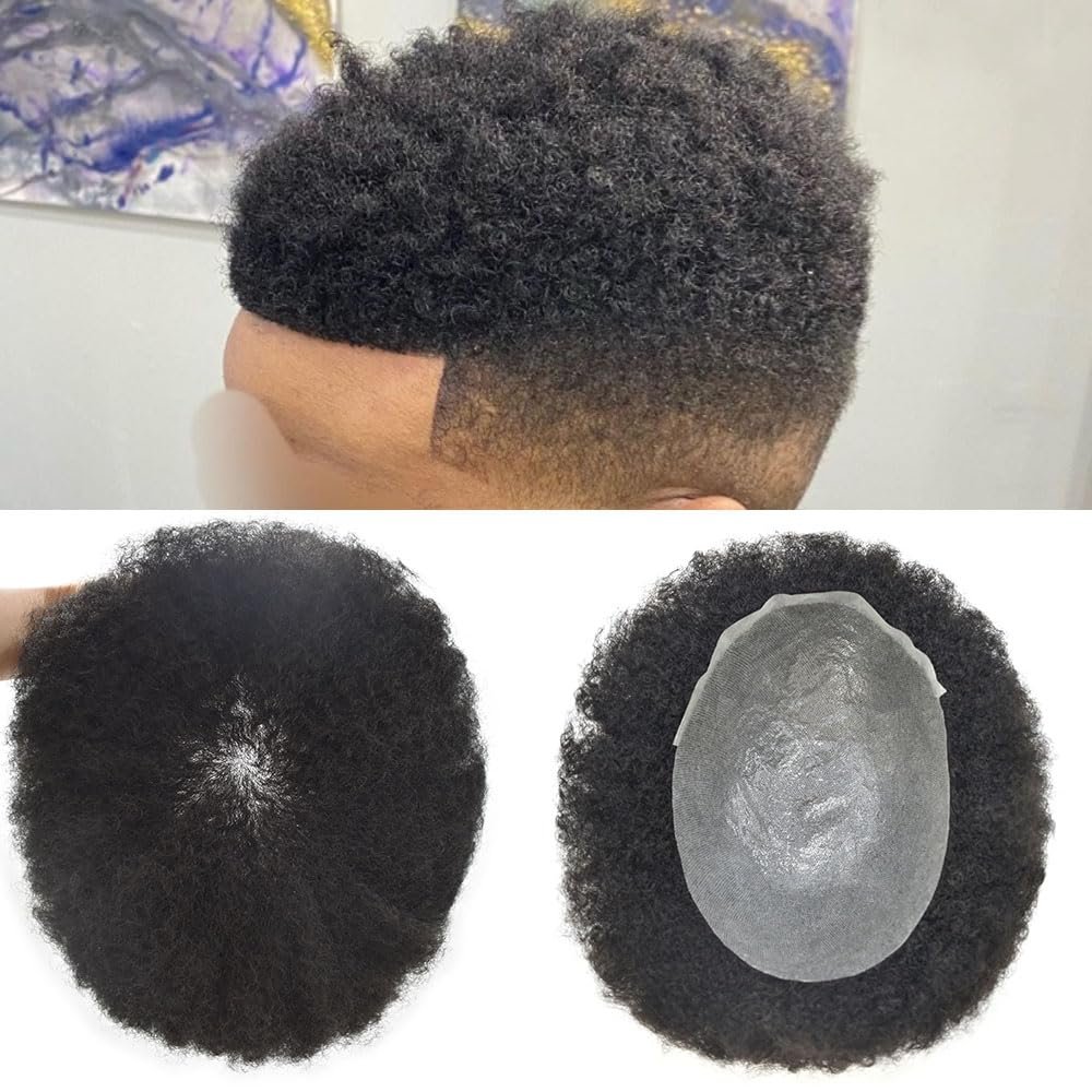Healthlif Afro Toupee For Black Men Hair Unit Full PU Thin Skin Black Men's Toupee Human Hair Replacement System Pieces 14MM Afro Wave #1B Off Black