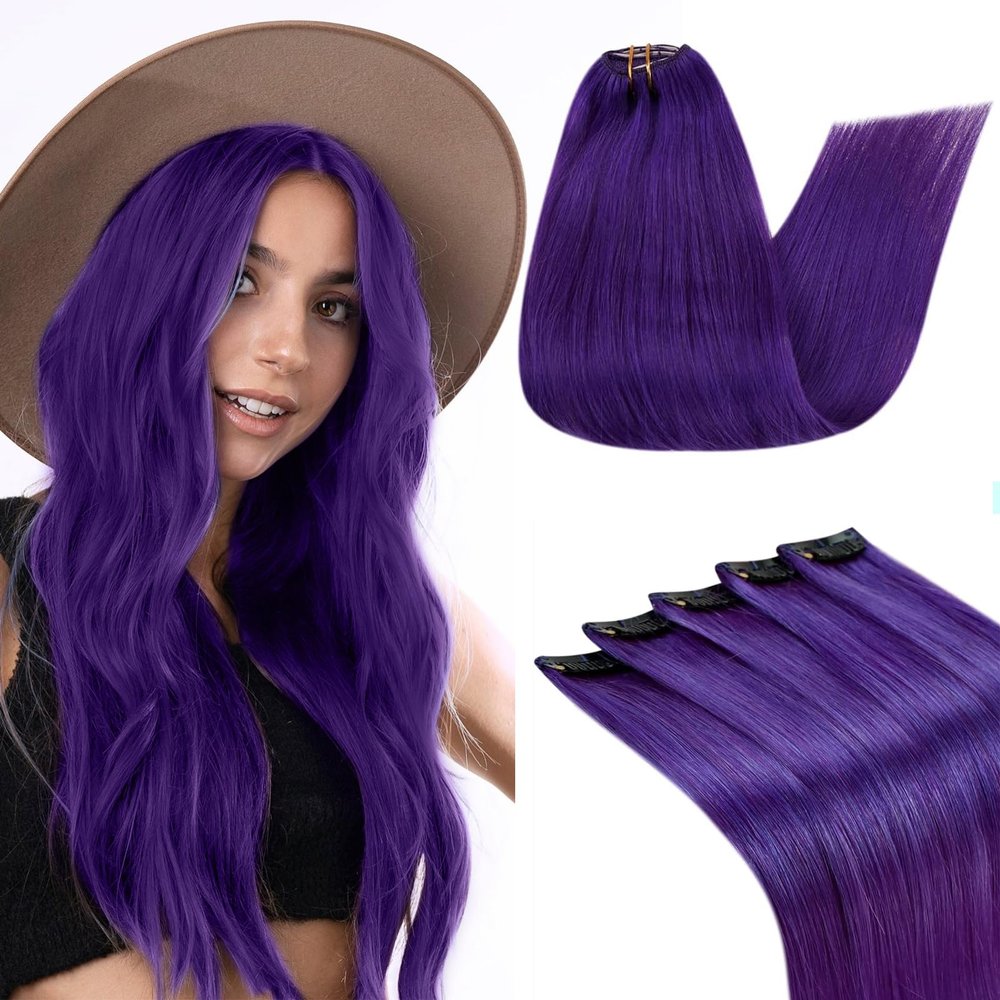 Purple Hair Extensions Bundles: Clip in Hair Extensions Real Human Hair Dark Purple 25g/5pcs and 70g/5pcs 18 Inch Full Head Colored Hair Extensions Purple Clip in Extensions