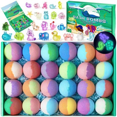 Bath Bombs for Kids with Toys Inside - 24 Pack Kids Bath Bombs with Glow in The Dark Surprise Toys Inside, Natural Organic Bubble Bath Fizzy, Valentines Day Gifts for Kid Girls Boys, Birthday Gifts