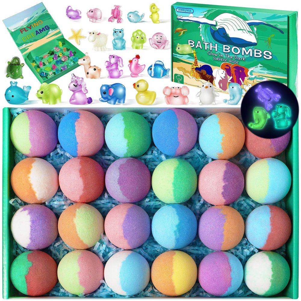 Bath Bombs for Kids with Toys Inside - 24 Pack Kids Bath Bombs with Glow in The Dark Surprise Toys Inside, Natural Organic Bubble Bath Fizzy, Valentines Day Gifts for Kid Girls Boys, Birthday Gifts