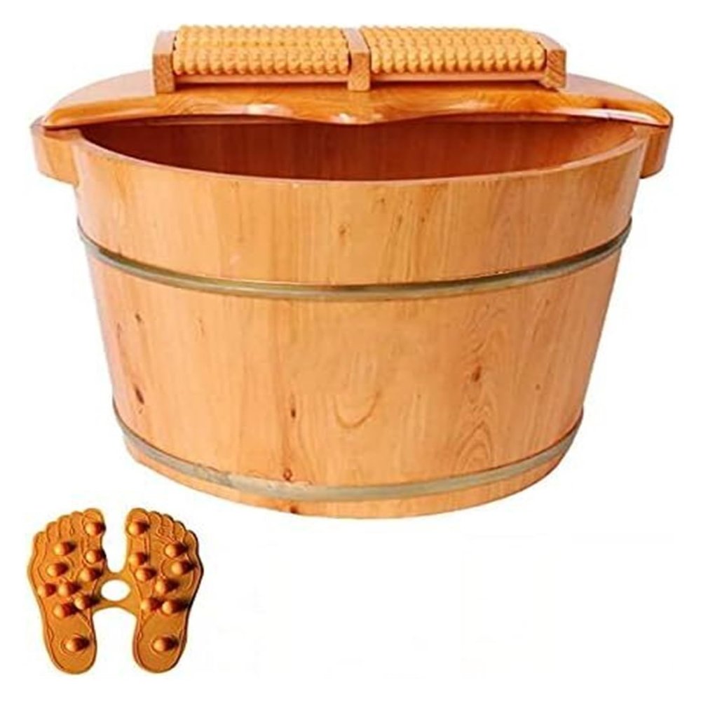 BMPAALN Solid Wood Foot Tub, Foot Baths Wood Foot Tub, Wooden Foot Basin Foot Tub Soaking Basin, Wood Spa Bucket with Removable Rollers for Massage Foot Bath Barrel Pedicure,, Natural