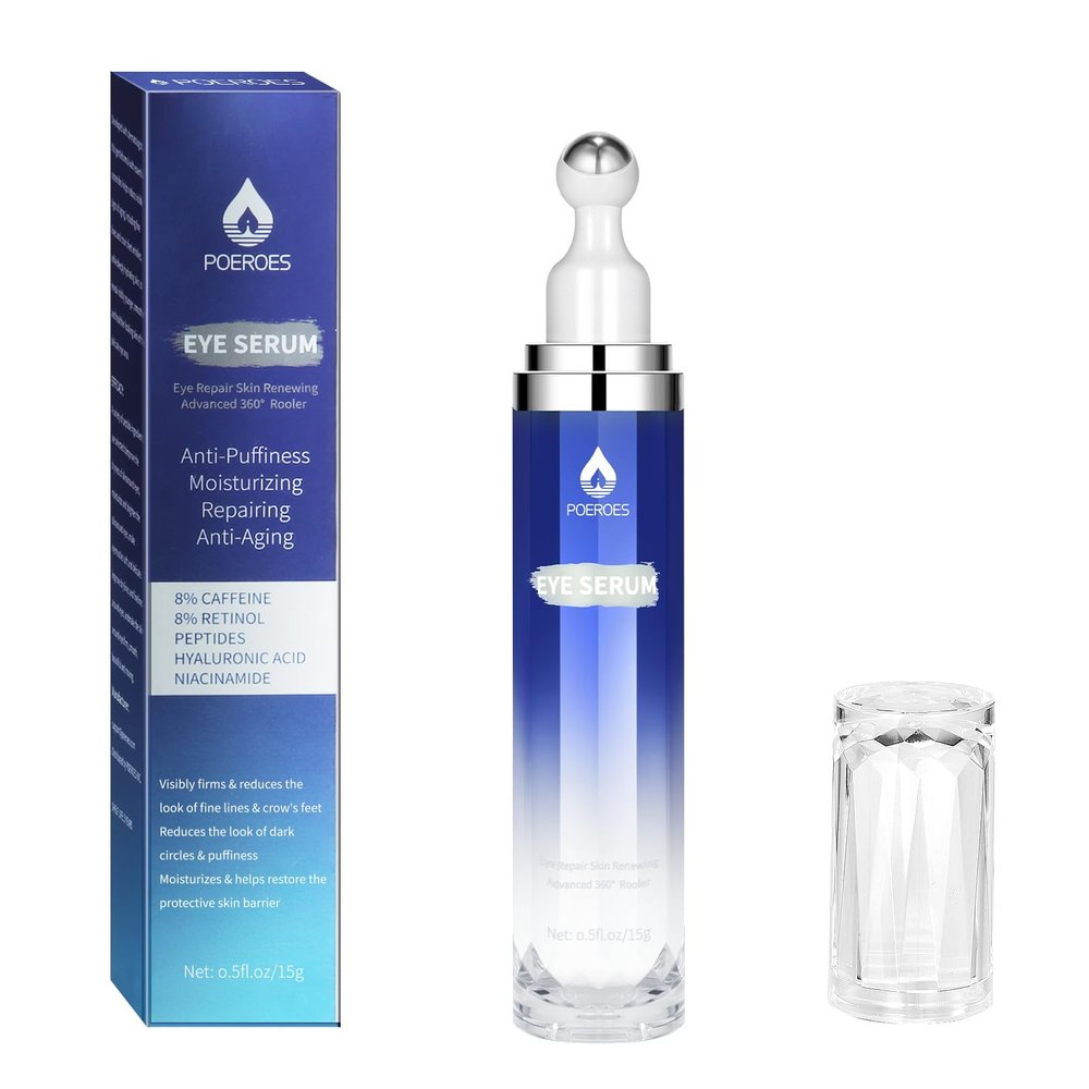 Eye Serum with 8% Caffeine 8% Retinol Hyaluronic Acid Niacinamide peptides for Puffy Bags Fine Lines Dark Circles Wrinkles, Under Eye Cream with 360 Roller Massage Ball, 0.5 fl. oz