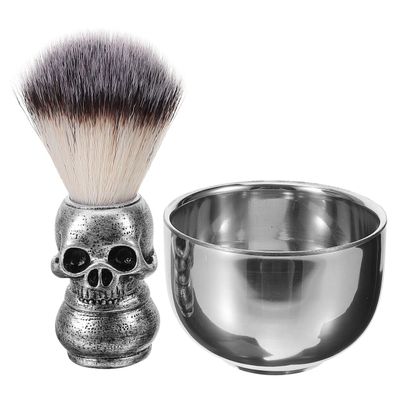 Healvian Shaving Bowl and Brush Kit, Skull Design Shaving Bowl Wide Mouth Shaving Kit Stainless Steel Beard Brush Shaving Tools For Men Women