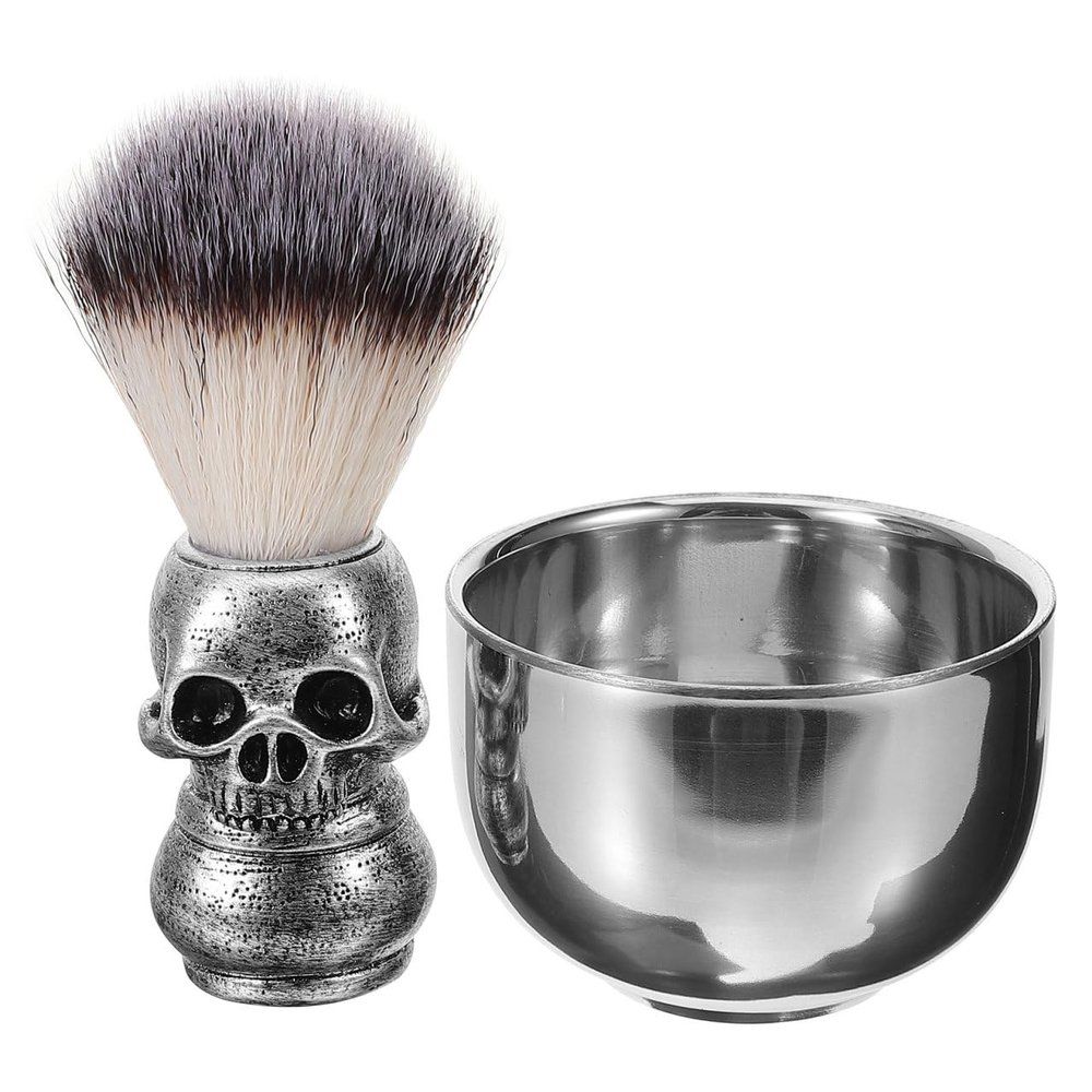 Healvian Shaving Bowl and Brush Kit, Skull Design Shaving Bowl Wide Mouth Shaving Kit Stainless Steel Beard Brush Shaving Tools For Men Women