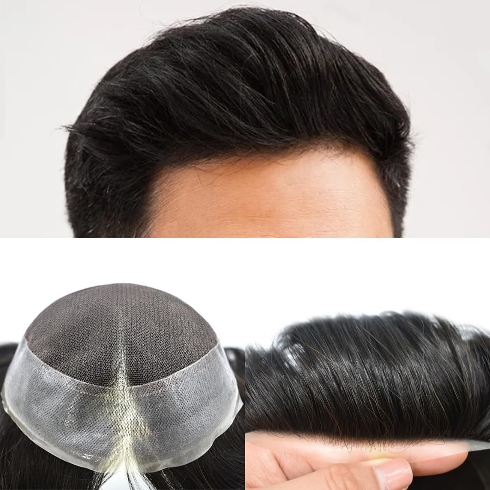 Right Hair Toupee For Men Hair Systems Lace Hairpieces Natural Looking Mens Toupee Human Hair System For Mens Hair Piece Unit 8X10#1 Jet Black