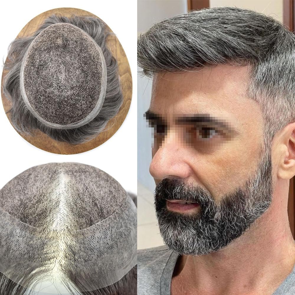 Right Hair Toupee For Men Hair Systems Lace Hairpieces Natural Looking Mens Toupee Human Hair System For Mens Hair Piece Unit 7X9#1B60#1B Off Black+60% Grey