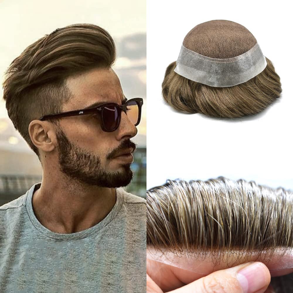 Right Hair Toupee For Men Hair Systems Lace Hairpieces Natural Looking Mens Toupee Human Hair System For Mens Hair Piece Unit 7X9#6 LIGHT BROWN