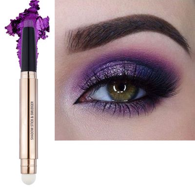 2 in 1 Eyeshadow Stick and Sponge Makeup Brush, Smooth Cream Shimmer Shadow Pencil Long Lasting Waterproof Eye Shadow pen Highlighter Eye Liner, Multi-Dimensional eyes Look (violets shimme # 08)