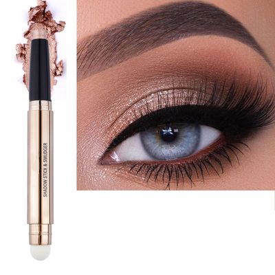 2 in 1 Eyeshadow Stick and Sponge Makeup Brush, Smooth Cream Shimmer Shadow Pencil Long Lasting Waterproof Eye Shadow pen Highlighter Eye Liner, Multi-Dimensional eyes Look (warm gold shimme # 03)