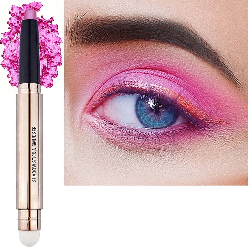 2 in 1 Eyeshadow Stick and Sponge Makeup Brush, Smooth Cream Shimmer Shadow Pencil Long Lasting Waterproof Eye Shadow pen Highlighter Eye Liner, Multi-Dimensional eyes Look (Pink Shimmer # 13)
