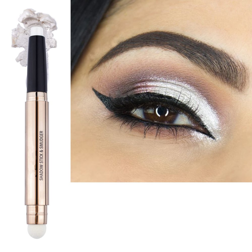 2 in 1 Eyeshadow Stick and Sponge Makeup Brush, Smooth Cream Shimmer Shadow Pencil Long Lasting Waterproof Eye Shadow pen Highlighter Eye Liner, Multi-Dimensional eyes Look (pearl shimme # 01)