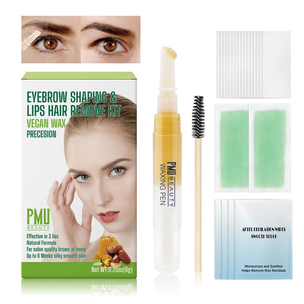 PMUBEAUTY Eyebrow Shaper Wax Kit for Women Eyebrow Facial At-Home Hair Removal with 4 Counts Ready-to-Use Wax Strips for All Hair Types Delicate Areas Cotton Strips Cleansing Wipes 0.2 Ounce