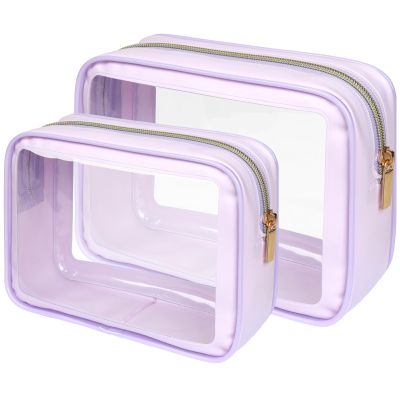 PACKISM 2 Pack Clear Makeup Bag 1 Large 1 Medium - Soft Frame TSA Approved Toiletry Bag Perfect for Travel-size Bottles, Multipurpose Organizer Car Storage Bag, Purple