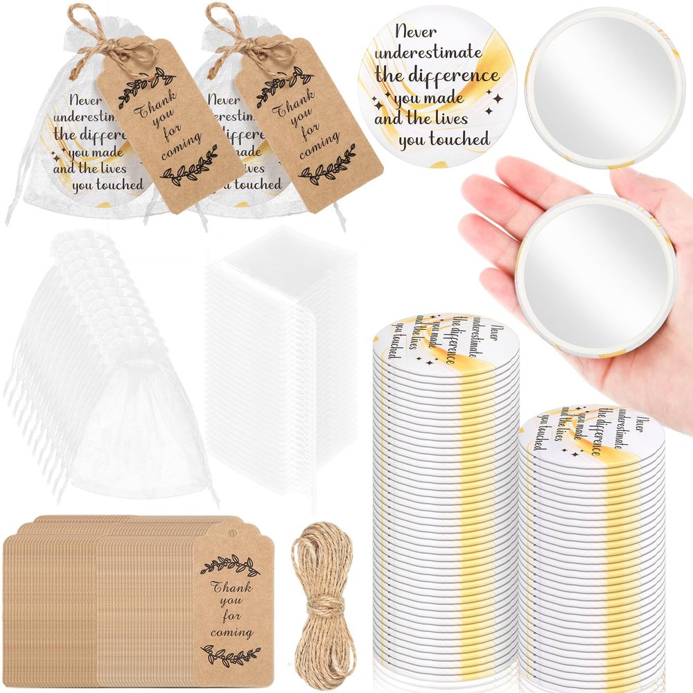 50 Sets 2.76" Inspirational Compact Pocket Mirrors Bulk Operation Christmas Bulk Appreciation Gifts Small Purse Makeup Mirror Souvenir Bag for Stuffer Items Women Quinceanera Employee(Gold and White)