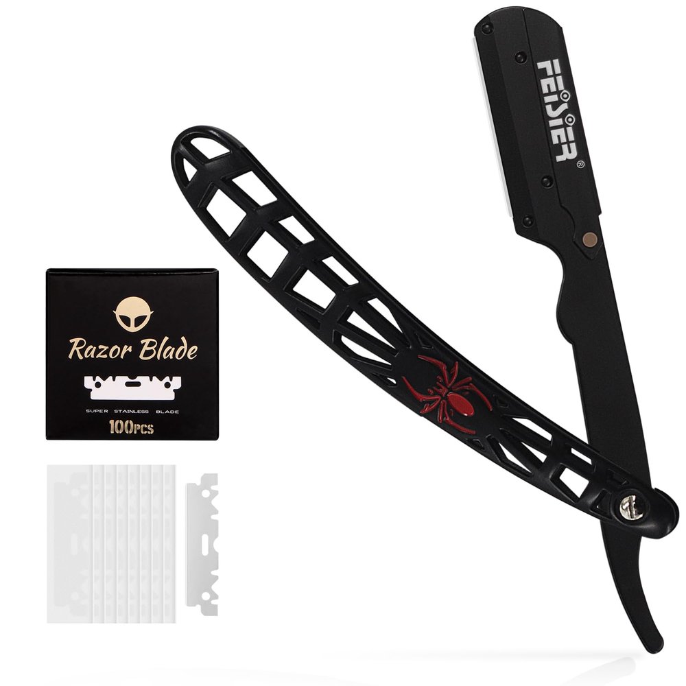 FEISIER Straight Razors for Men, Professional Straight Single Edge Razor Kit, Stainless Steel Barber Razor with 100 Replacment Blades,Premium Barber Razor for Men's Shaving Salon