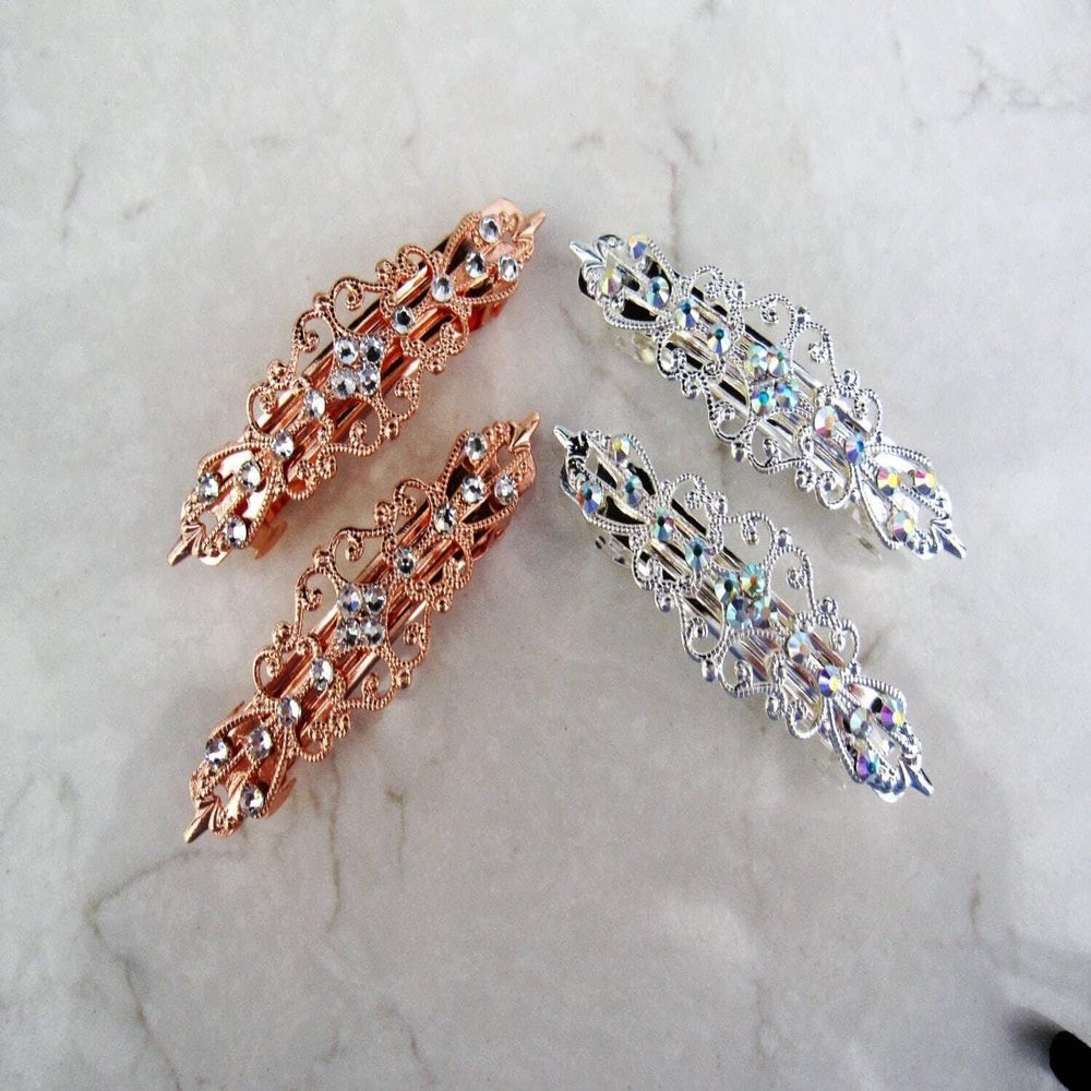 NinthAvenue Basics Small pair of antique silver or rose gold crystal hair clip clamp (Crystal option: With crystals, Primary color: Rose gold/copper)