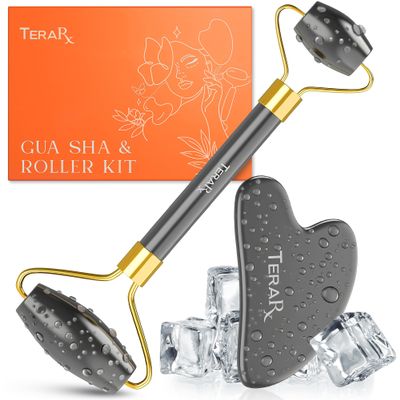 TeraRX Terahertz Gua Sha & Facial Roller Set 100% Authentic Terahertz Stone Face Roller to Reduce Puffiness, Improve Wrinkle Lines & Relieve Facial Tension Perfect for Eye Massage and Relaxation