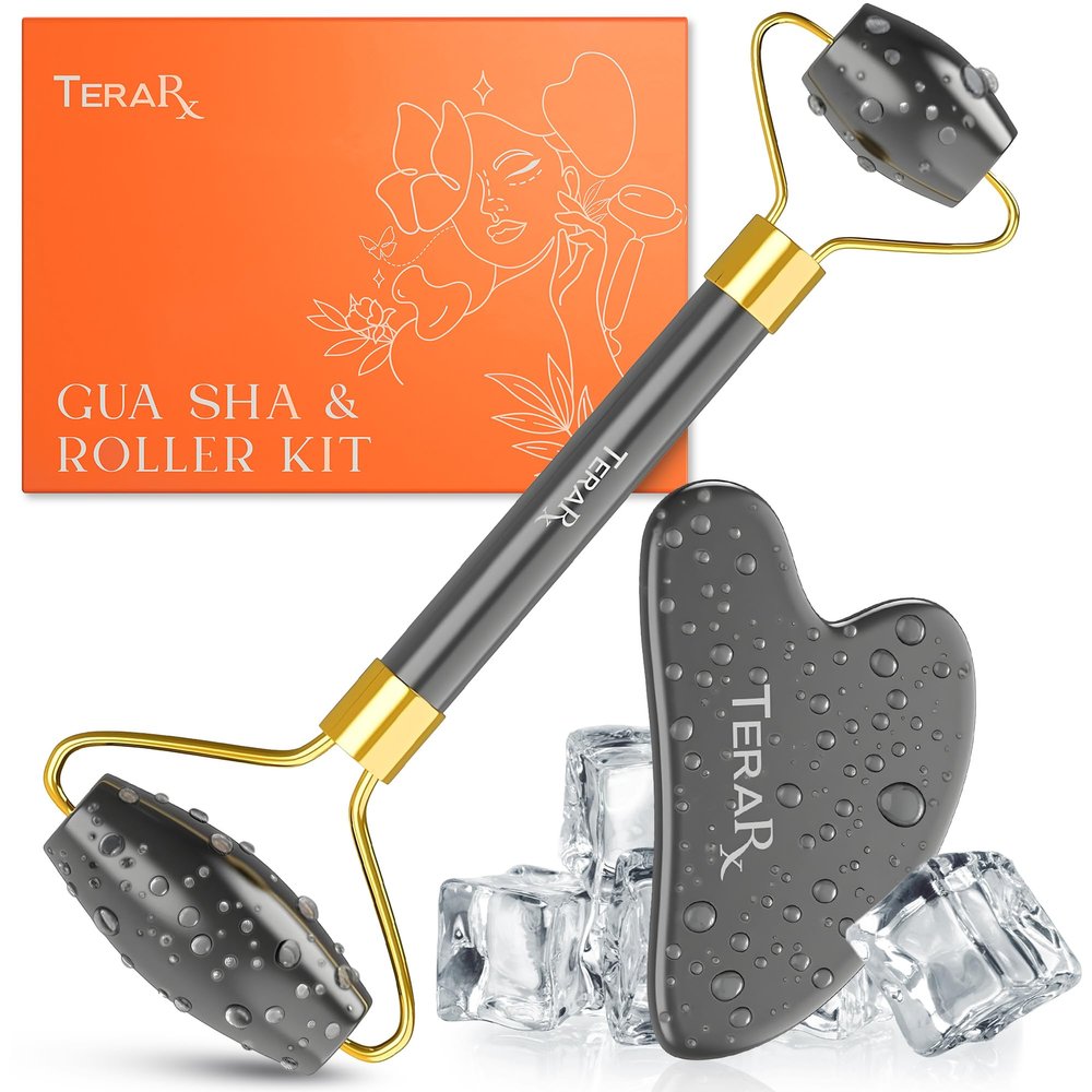 TeraRX Terahertz Gua Sha & Facial Roller Set  100% Authentic Terahertz Stone Face Roller to Reduce Puffiness, Improve Wrinkle Lines & Relieve Facial Tension  Perfect for Eye Massage and Relaxation