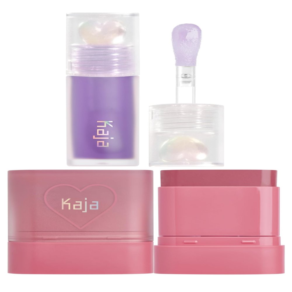 Kaja Juicy Glass Lip Plumping Oil 04 Grape Glowtini + Dewy Bar - Creamy Multi-Stick Blusher & Lip Balm 04 Fig Smoothie Sorbet,10g Bundle