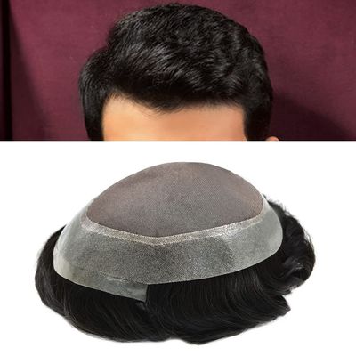 Curve Hair Toupee for Men Human Hair Piece Unit Fine Mono Mens Hair System Clear Poly Skin Around Mens Toupee Hairpieces 8"X10" #1B20 Off Black/Natural Black+20% Gray-110% Light to Medium Density