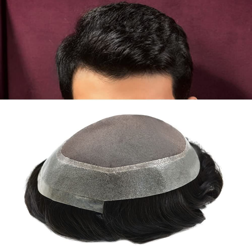 Curve Hair Toupee for Men Human Hair Piece Unit Fine Mono Mens Hair System Clear Poly Skin Around Mens Toupee Hairpieces 8"X10" #1B20 Off Black/Natural Black+20% Gray-110% Light to Medium Density