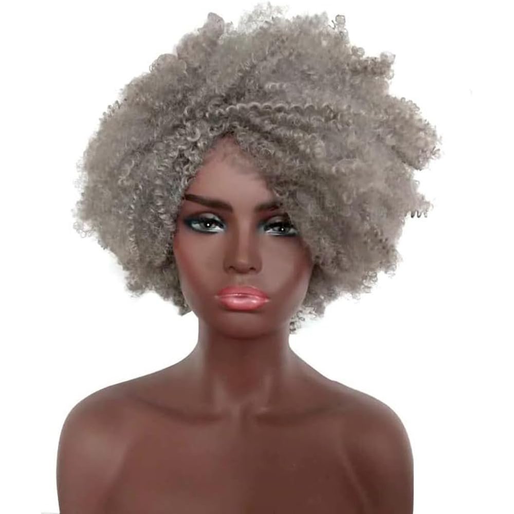 AJIEYMXS Short Curly Afro Wigs for Women,Afro Chemical Fiber Wig Synthetic Costume Hair Wig,Silver Gray Short Curly Wig for Women