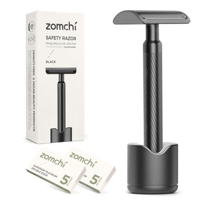 ZOMCHI Double Edge Safety Razor with Razor Stand, [New Version 2.0 ] Mens Metal Razor with 10 Safety Razor Blades for Men & Women - Matte Black