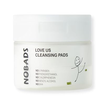 NOBADS LOVE US CLEANSING PADS, Natural cleansing ingredients, Soft Cotton pads, Zero skin irritation, Paraben-free and formulated without harmful ingredients, Safe for everyone in the family.