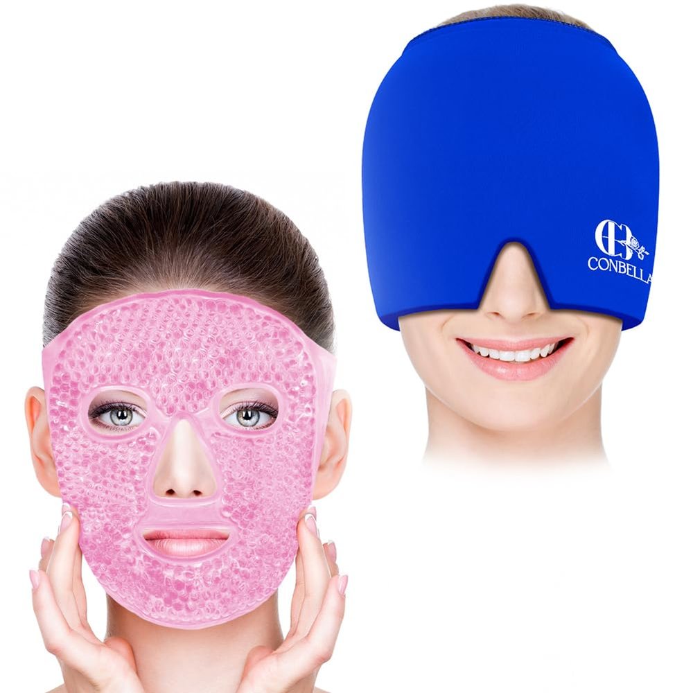 Bundle of CONBELLA Cold Face Eye Masks Ice Face Mask and Migraine Relief Cap