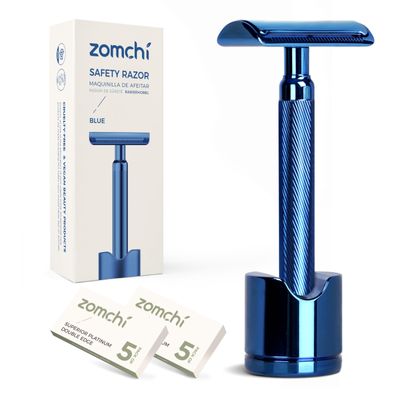 ZOMCHI Double Edge Safety Razor for Men with Stand, [New Version 2.0 ] Reusable Metal Razor with 10 Double Edge Blades, Single Blade Razors for Men & Women  Noble Blue