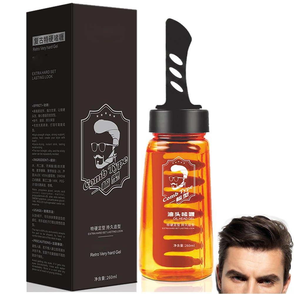 260ML Clean Hair Gel, 2-in-1 Men Hair Styling Gel with Comb, Men Hair Wax, Shaping-Styling Wax Comb, Long Lasting Fluffy Men Fast Build Hair Salon Styling Gel (2)