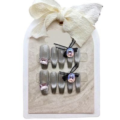 French Cat Eye Handmade Wearing Armor with Explosive Flash Bow Knot, Detachable Phototherapy Nail Enhancement (Size : L)