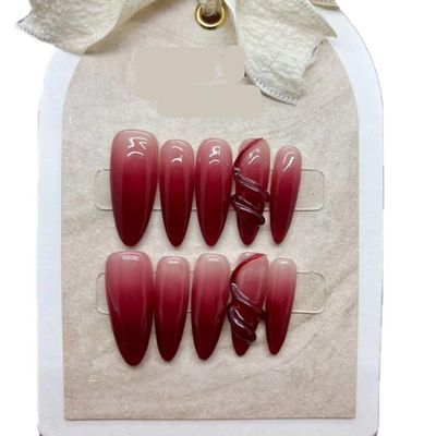 Handmade Wearing Armor with Ice Permeating Cherry Color Gradient Relief, Small Snake Detachable False Nails (Size : L)