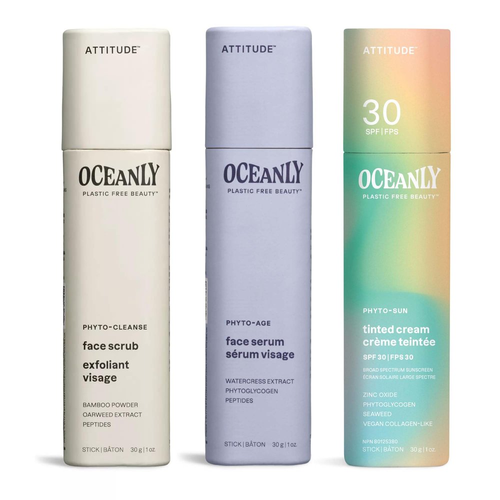 Bundle of ATTITUDE Oceanly Tinted Face Cream Stick with SPF 30, EWG Verified,Universal Tint, Unscented, 1 Oz + Face Scrub PHYTO CLEANSE, Unscented, 1 Oz + Face Serum, PHYTO AGE, Unscented, 1 Oz